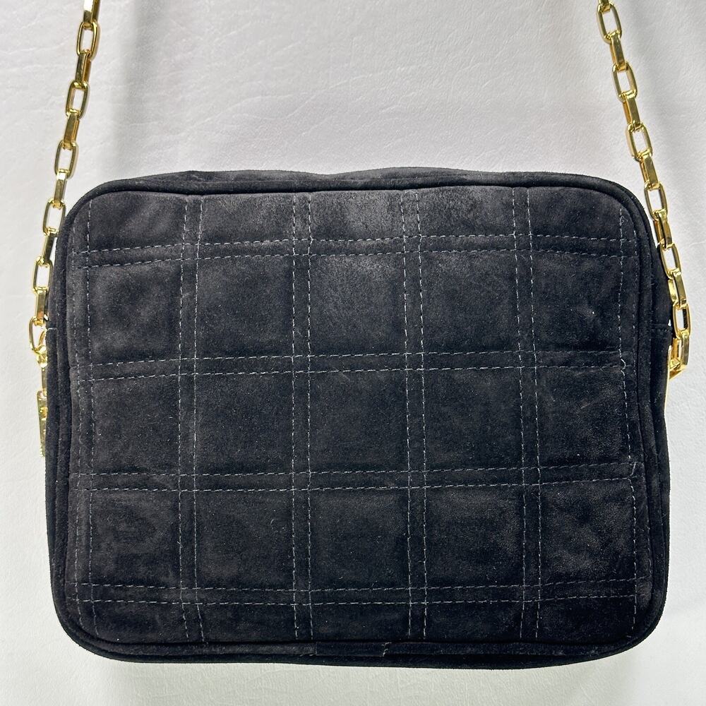 Vtg LJS Collection Crossbody Handbag S Black Suede Quilted Leather Lined Chain